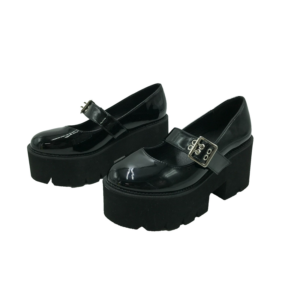 Liuruijia Women's 38 Platform Mary Janes Heels Black Patent Leather Goth Chunky